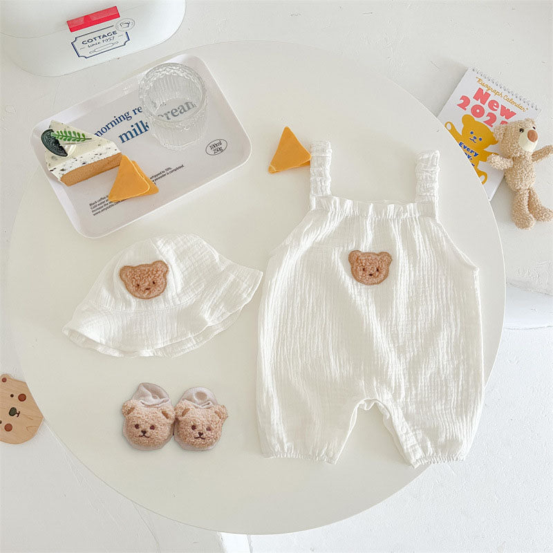 Romper Sonho de Ninar Teddy Bear 💖🧸: Musseline Super Macia com Patch de Ursinho e Chapéu de Sol Delicado 🌿🕊️