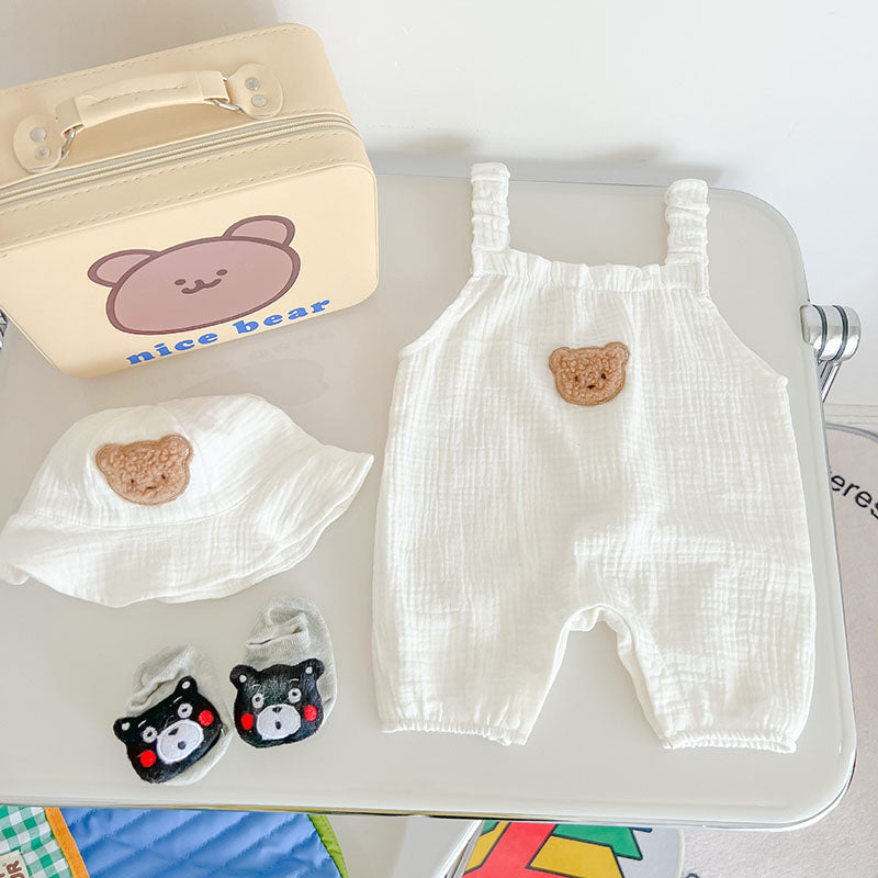 Romper Sonho de Ninar Teddy Bear 💖🧸: Musseline Super Macia com Patch de Ursinho e Chapéu de Sol Delicado 🌿🕊️