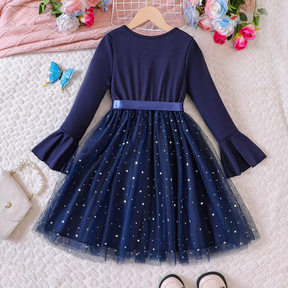 Vestido Thais Magia do Luar – Mangas em Movimento, Tule Brilhante e Faixa de Cetim para Mini Fashionistas