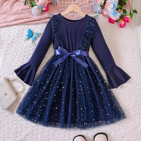 Vestido Thais Magia do Luar – Mangas em Movimento, Tule Brilhante e Faixa de Cetim para Mini Fashionistas