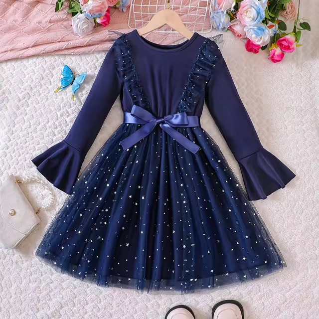 Vestido Thais Magia do Luar – Mangas em Movimento, Tule Brilhante e Faixa de Cetim para Mini Fashionistas